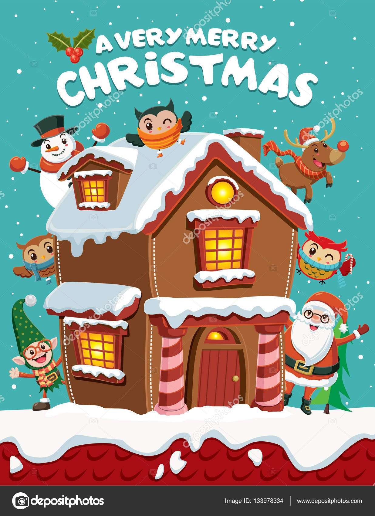 Design de cartaz de Natal vintage com boneco de neve, Papai Noel, coruja,  elfo, renas, casa, personagens . Vetor de ©Donnay 133978334, image size:1236x1700
