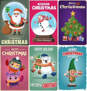 Noel Baba, elf, Ren geyiği, kardan adam, ağaç, baykuş, kutup ayısı karakter tasarım Vintage Noel poster.