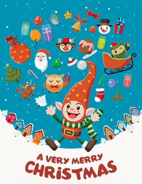 Design de cartaz de Natal vintage com personagens de elfo . — Vetor de Stock