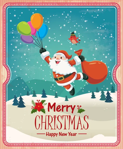老式的圣诞节海报设计与圣诞老人，鸟字符. — 图库矢量图片