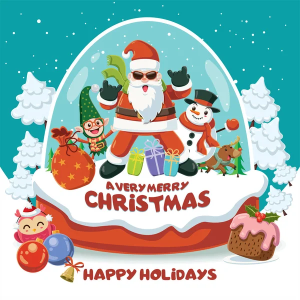 Diseño de póster navideño vintage con elfo, Papá Noel, elfo, reno, muñeco de nieve en personajes de bola de cristal . — Archivo Imágenes Vectoriales