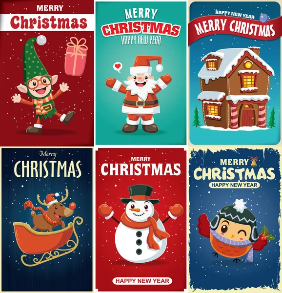 Vintage Vánoční plakát design s Santa Claus, elf, sobů, dům, sněhulák, sova znaky. — Stockový vektor