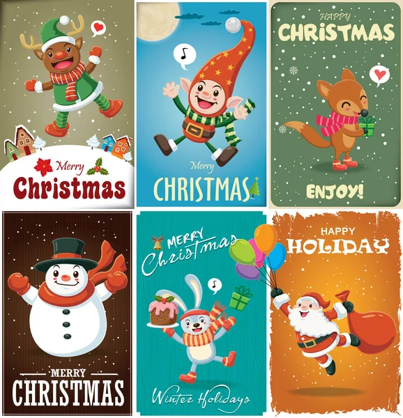 Vintage Weihnachtsposter Design mit Weihnachtsmann, Elfe, Rentier, Schneemann, Fuchs, Hasenfiguren. — Stockvektor