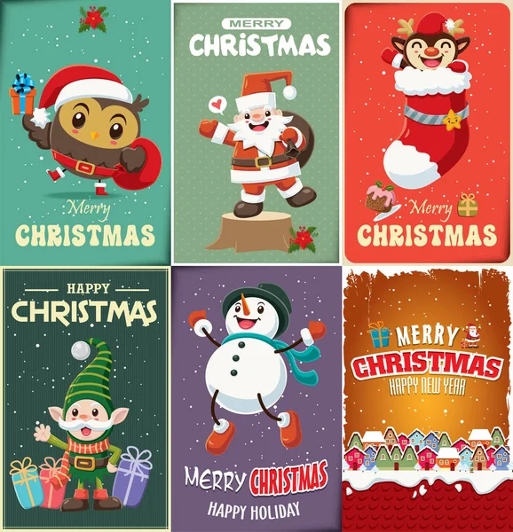 산타 클로스, 엘 프, 순 록, 눈사람, 올빼미, 캐릭터와 함께 빈티지 크리스마스 포스터 디자인. — 스톡 벡터
