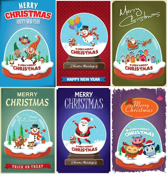 Design de cartaz de Natal vintage com Papai Noel, casa, elfo, rena, boneco de neve, coruja em personagens de bola de cristal . — Vetor de Stock