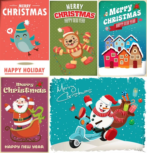 Diseño de póster de Navidad vintage con pájaro, gato, Papá Noel, casa, muñeco de nieve, personajes de búho . — Vector de stock
