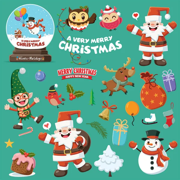 Diseño de póster navideño vintage con renos, Papá Noel, muñeco de nieve, búho, personajes elfos . — Archivo Imágenes Vectoriales