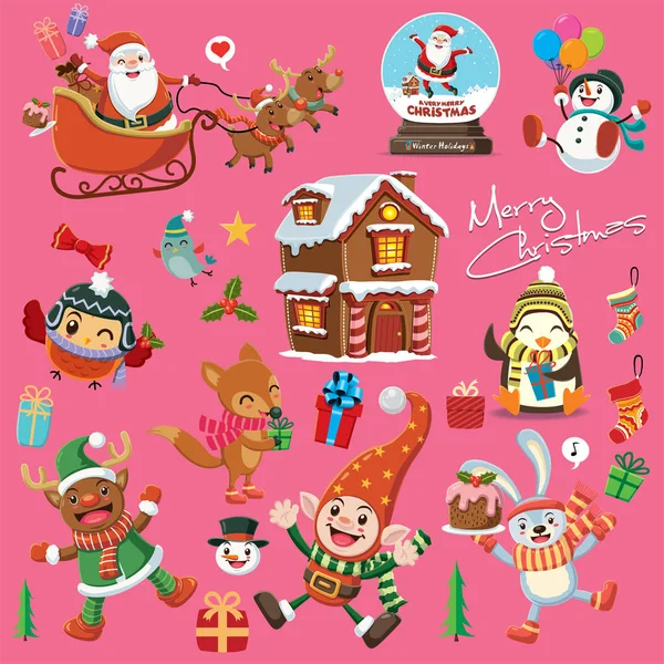 Vintage Christmas affisch design med renar, räv, kanin, pingvin, Santa Claus, snögubbe, uggla, elf, hus, tecken. — Stock vektor