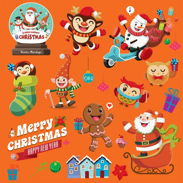 Vintage Christmas affisch design med renar, pingvin, pepparkakor, Santa Claus, snögubbe, uggla, elf, hus, tecken. — Stock vektor