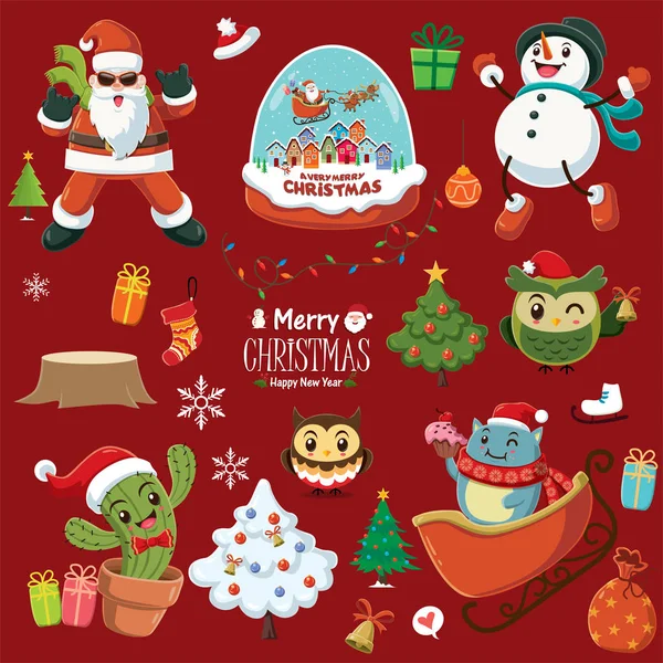 Урожай Різдвяні плакат дизайн з оленями, кішка, Санта-Клауса сніговик Сова, будинок, символи. — стоковий вектор