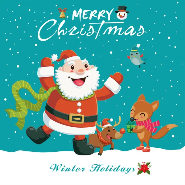 Винтажный дизайн рождественского плаката с оленями, Санта-Клаусом, снеговиком, лисой, персонажами . — стоковый вектор