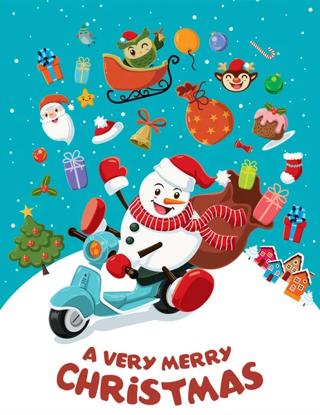 Disegno poster di Natale vintage con pupazzo di neve e personaggi scooter . — Vettoriale Stock