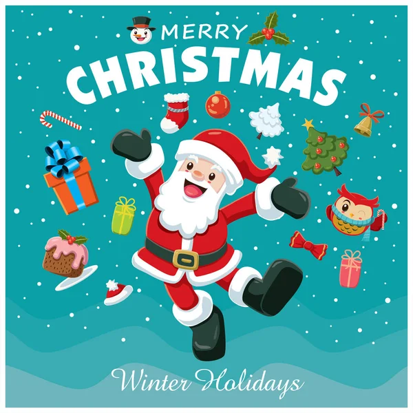 Vintage Christmas poster design with Santa Claus, snowman, owl, characters. — Stock Vector