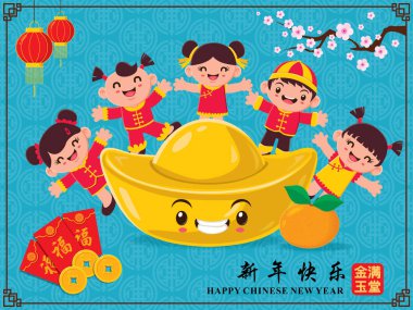 Vintage Çin yeni yılı Çin çocuk karakteri ile afiş tasarımı, Çince karakter 