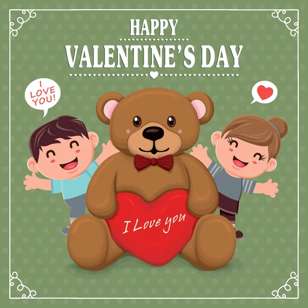 Vintage Valentines Day poster design with couple & bear — Stock Vector