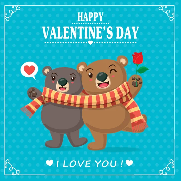 Design de cartaz do Dia dos Namorados vintage com casal, ursos — Vetor de Stock