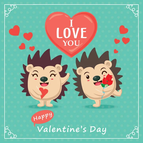 Vintage Valentines Day poster design with hedgehog, couple — Stock Vector