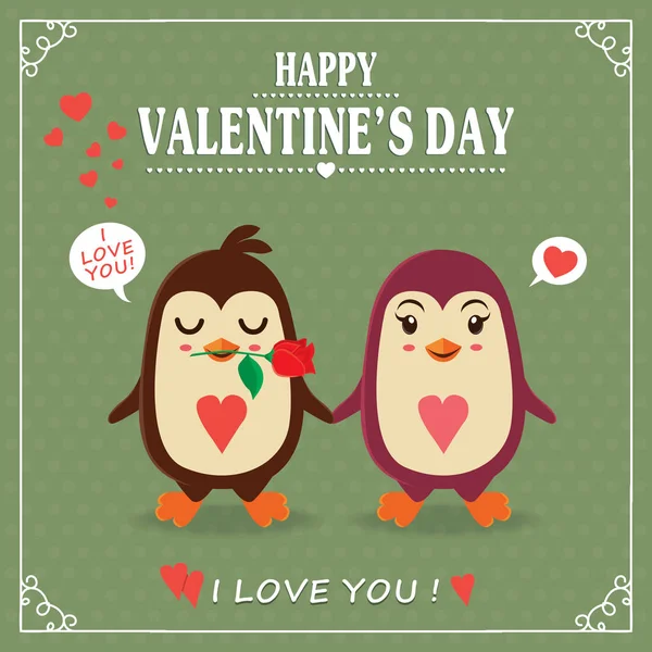 Vintage Valentines Day poster design with couple, penguin — Stock Vector