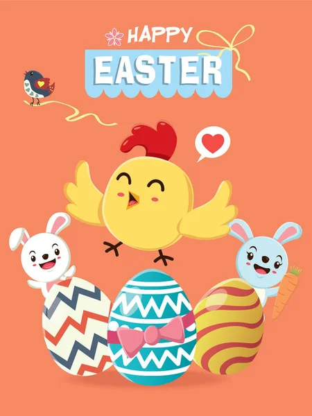 Poster affiche Oeuf de Pâques vintage avec lapin de Pâques, poussin , — Image vectorielle