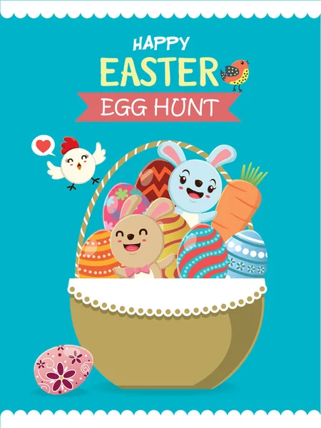 Diseño de póster de huevo de Pascua vintage con conejo de Pascua, pájaro — Vector de stock