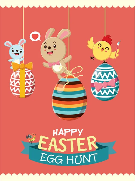 Poster affiche Oeuf de Pâques vintage avec lapin de Pâques, oiseau — Image vectorielle