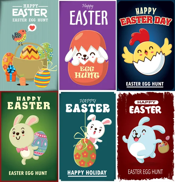 Poster affiche Oeuf de Pâques vintage avec lapin de Pâques, poulet — Image vectorielle