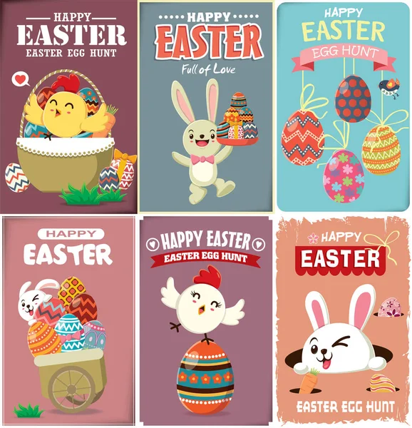 Poster affiche Oeuf de Pâques vintage avec lapin de Pâques, poulet — Image vectorielle