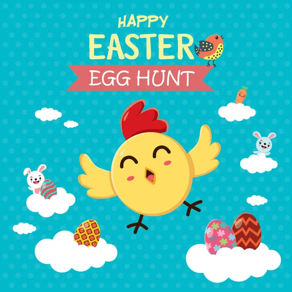 Diseño de póster de huevo de Pascua vintage con pollo, gallo, conejo — Vector de stock