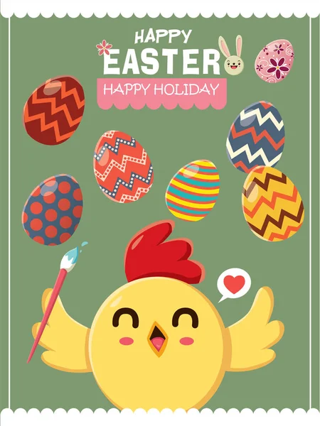Poster affiche oeuf de Pâques vintage avec poulet, coq — Image vectorielle