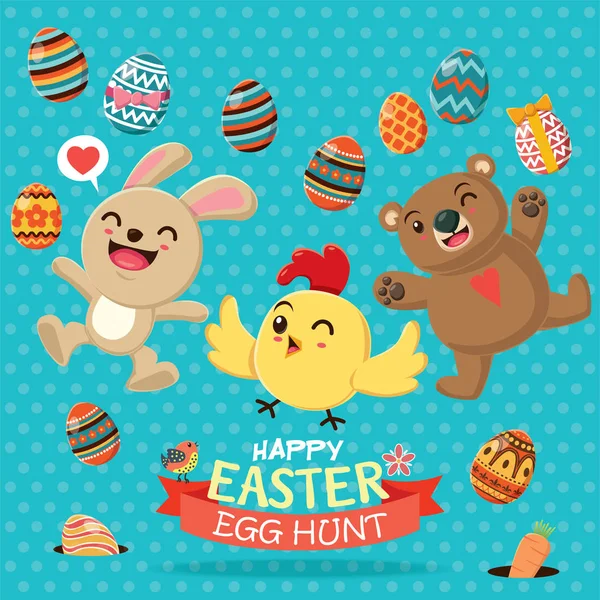 Diseño de póster de huevo de Pascua vintage con pollo, gallo, conejo, oso — Vector de stock