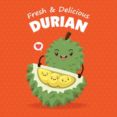 Vintage meyve afiş tasarımı vektör durian karakteri ile.