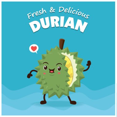 Vintage Durian afiş tasarımı vektör durian karakteri ile.
