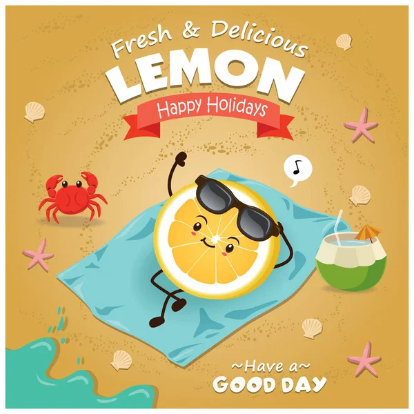 Vintage fruit posterontwerp strand met citroen karakter. — Stockvector