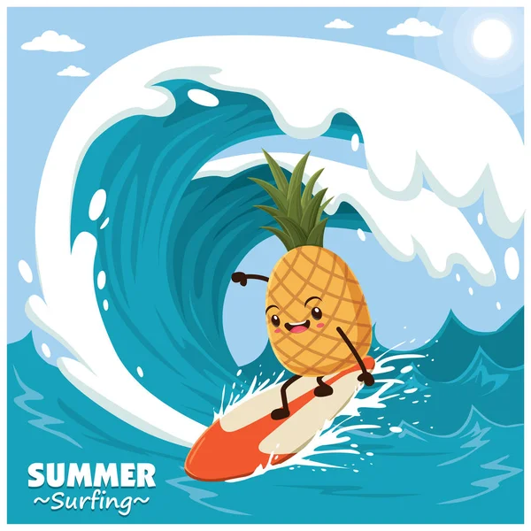 Design poster di frutta vintage con surfista vettoriale ananas . — Vettoriale Stock
