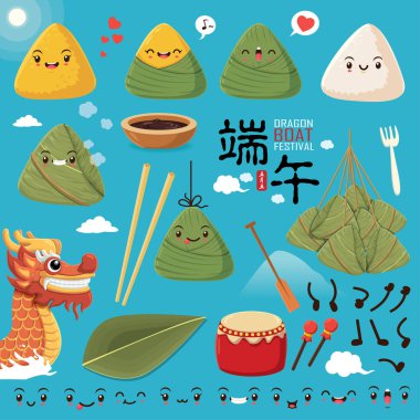 Klasik Çin usulü pirinç köftesi çizgi film karakteri. Ejderha teknesi festivali illüstrasyonu. (Başlık: Ejder Gemisi Festivali, 5 Mayıs)