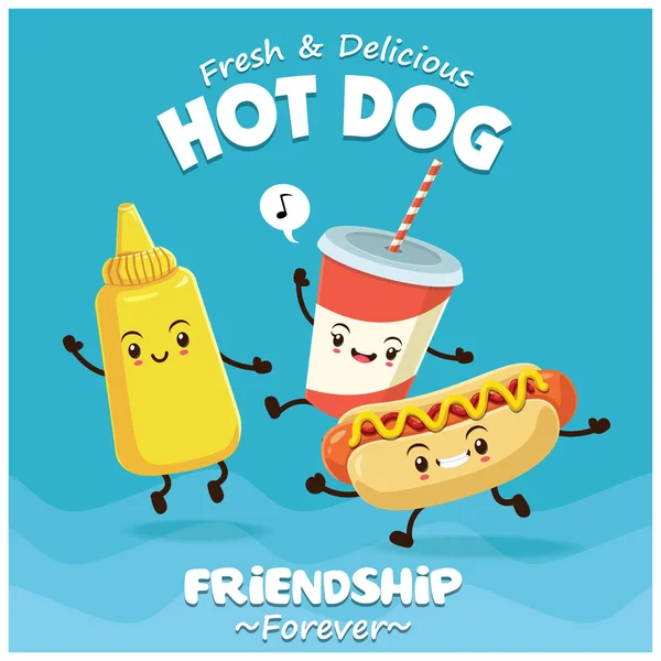 Vintage voedsel posterontwerp hotdog, mosterd, drankje caractère. — Stockvector