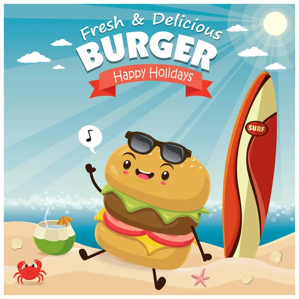 Desain poster pantai burger antik dengan karakter burger . - Stok Vektor