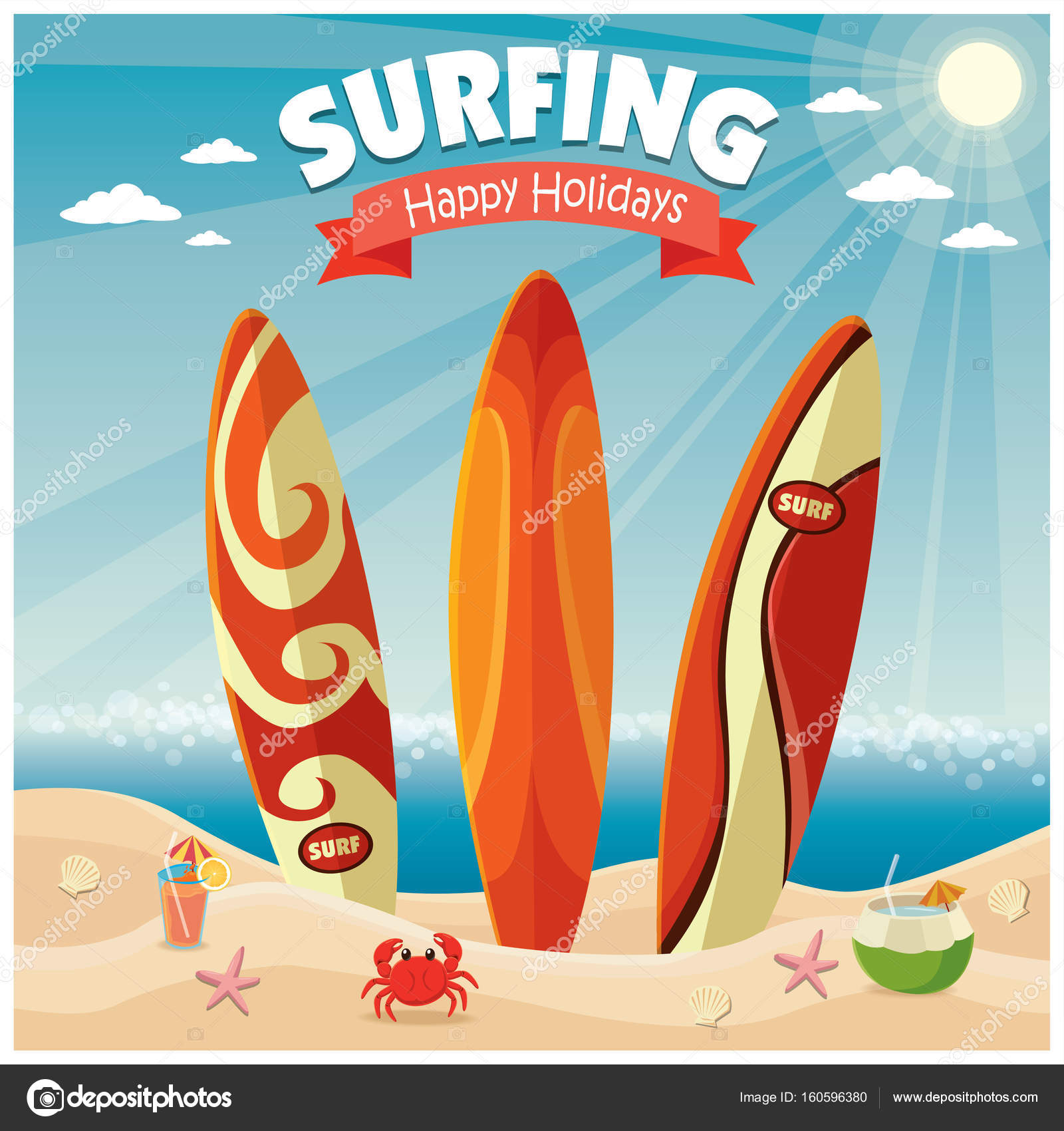 Cartel vintage de diseño de playa con tabla de surf . Vector de stock  #160596380 de ©Donnay, image size:1600x1700