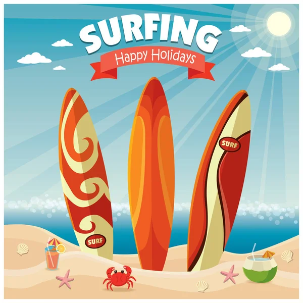 Design de praia de cartaz vintage com prancha de surf . — Vetor de Stock