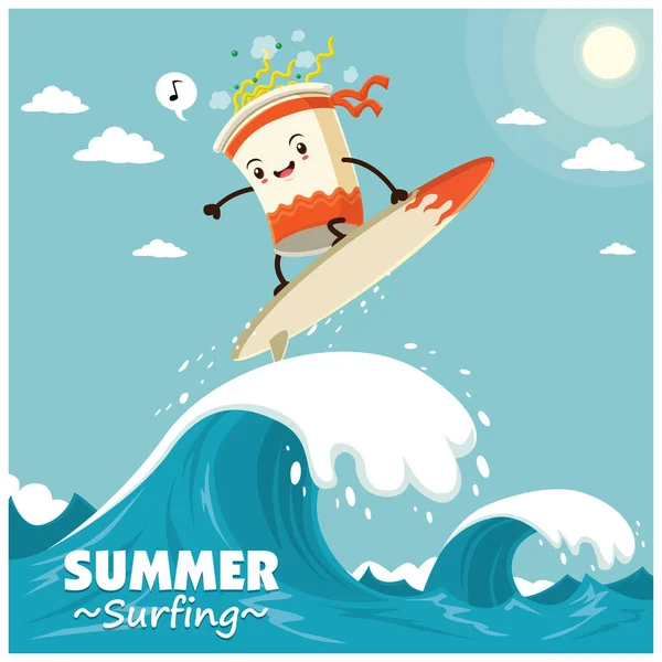 Vintage surfing affisch design med vektor cup noodle surfare. — Stock vektor