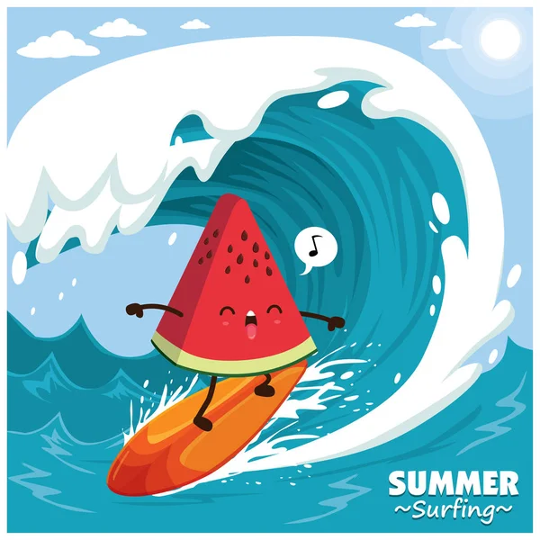 Design de cartaz de surf vintage com surfista de melancia vetorial . — Vetor de Stock