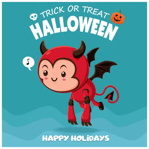 Desain poster Halloween kuno dengan karakter iblis vektor . - Stok Vektor
