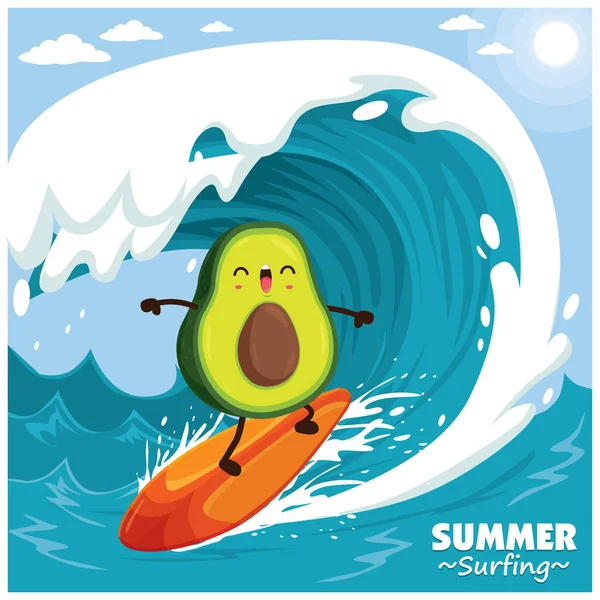 Vintage Frucht Poster Design mit Vektor Avocado Surfer. — Stockvektor