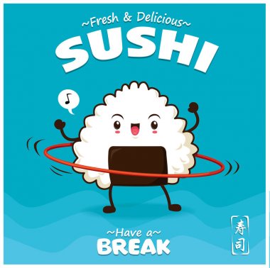 Vintage suşi afiş tasarımı vektör suşi karakter ile. Çince kelime suşi anlamına gelir..