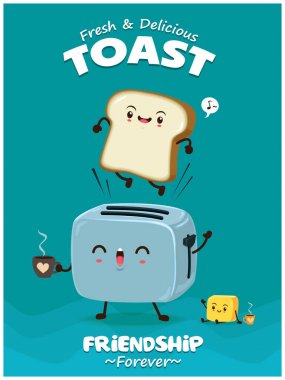 Vintage gıda afiş tasarımı ile ekmek, tereyağı ve ekmek kızartma makinesi karakter.