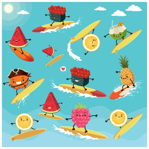 Design de cartaz de verão vintage com sushi vetorial, fruta e surfista de comida . —  Vetores de Stock