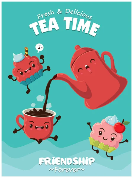 Design de cartaz de comida vintage com vetor de café & personagem cupcake . —  Vetores de Stock