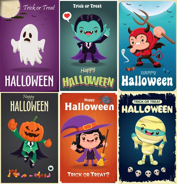Vintage Halloween plakát design s vektor démon, čarodějnice, upír, mumie, monstrum charakter. — Stockový vektor