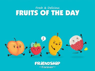 Vintage gıda afiş tasarımı vektör şeftali, kiraz, mango, lychee karakter ile.