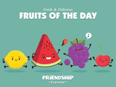 Vintage gıda afiş tasarımı vektör limon, karpuz, üzüm, kiraz karakteri ile.